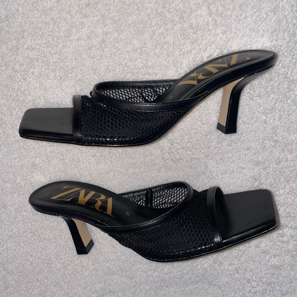 Zara Fishnet Kitten Heels Square Toe Sandals
